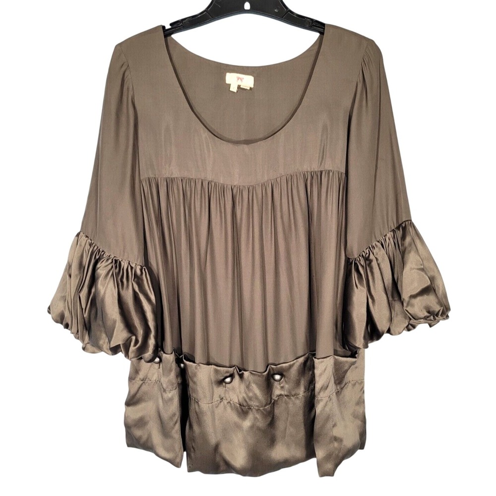 BOW & ARROW Anthropologie SILK Bell Sleeve BUTTON POCKETS Babydoll BLOUSE TOP S